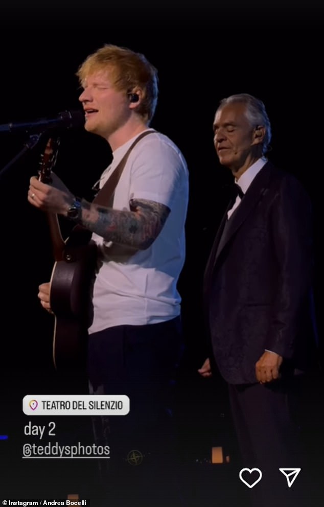 Ed, who brought out his standard acoustic guitar to sing a duet with Andrea, was dressed as casually as possible in a plain white T-shirt highlighting his tattoos, along with black jeans