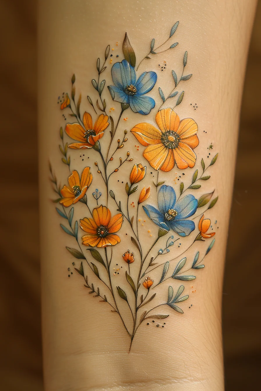 In the second tattoo, a beautiful mix of blue and orange flowers is displayed with a fine balance of colors and details. The orange flowers stand out with their vivid hue, while the blue flowers add a calming contrast. The detailed leaves and tiny buds scattered throughout give the design a natural and graceful flow.