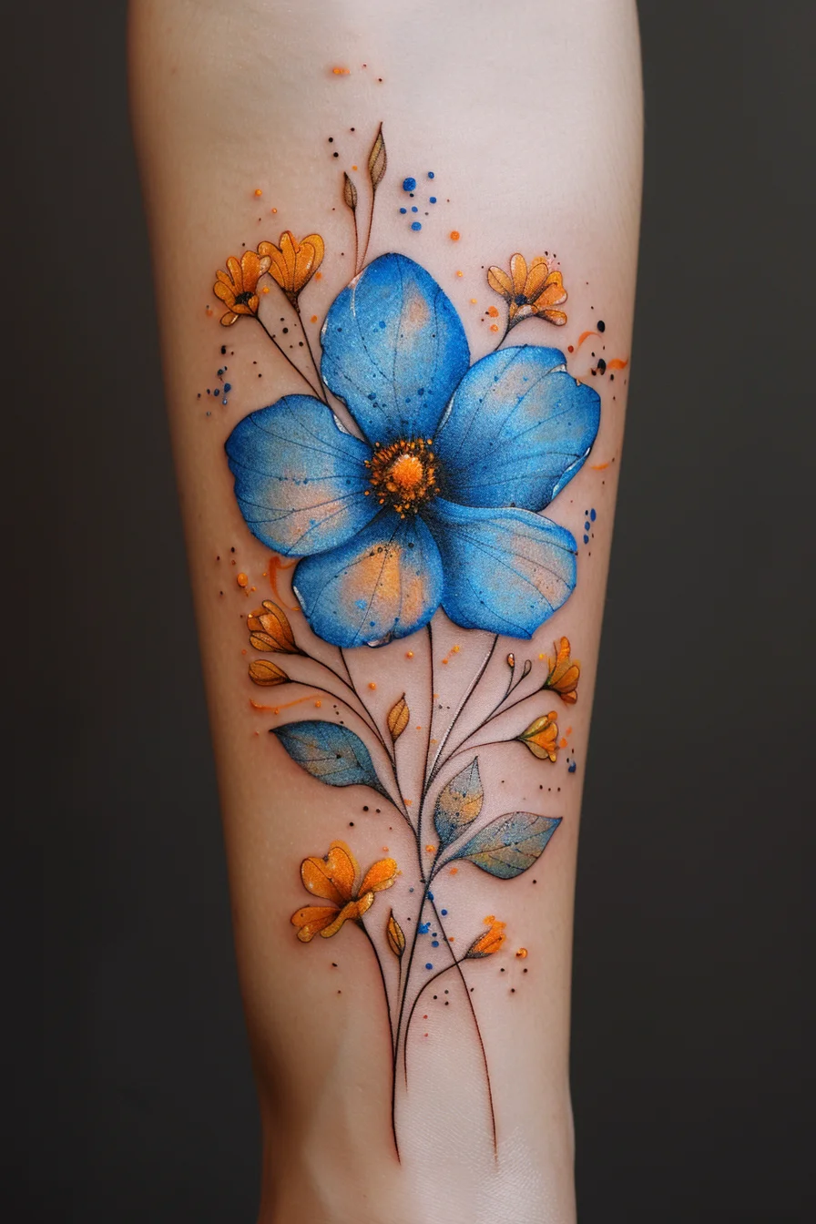 A striking blue flower with smaller orange blooms creates a vibrant contrast, making the design pop. The large blue petals are beautifully shaded, giving a realistic and three-dimensional appearance. Tiny details and splashes of color around the flowers add a whimsical touch, enhancing the overall composition.